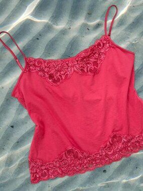 Vintage Y2K Hot Barbie Pink Beaded Silk Cami Layering Tank ⭐️ Fresh Twist